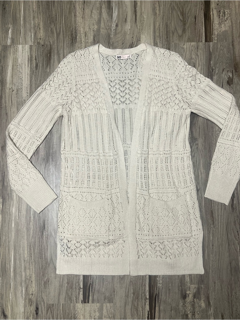 SO Goods for Life Ivory Cream Pointelle Knit Open Front Duster Cardigan Size M